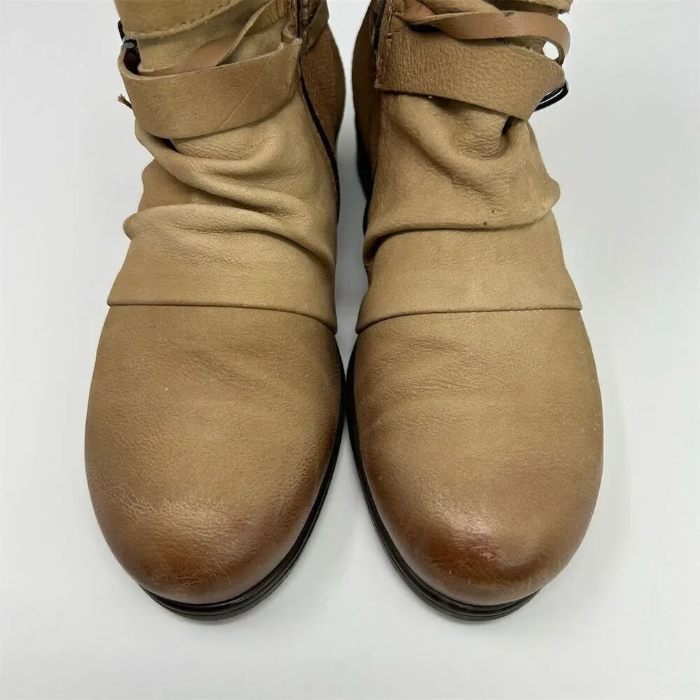 Miz Mooz Beige Leather Ankle Boots Size 39 (US 8.5-9) Strappy Buckle Ruched